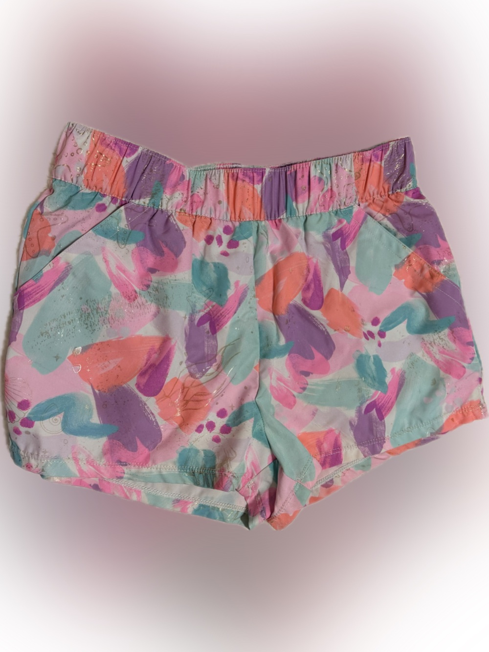 Junior Medium Pastel Brushstroke Print Shorts - Pink & Mint With Shimmer